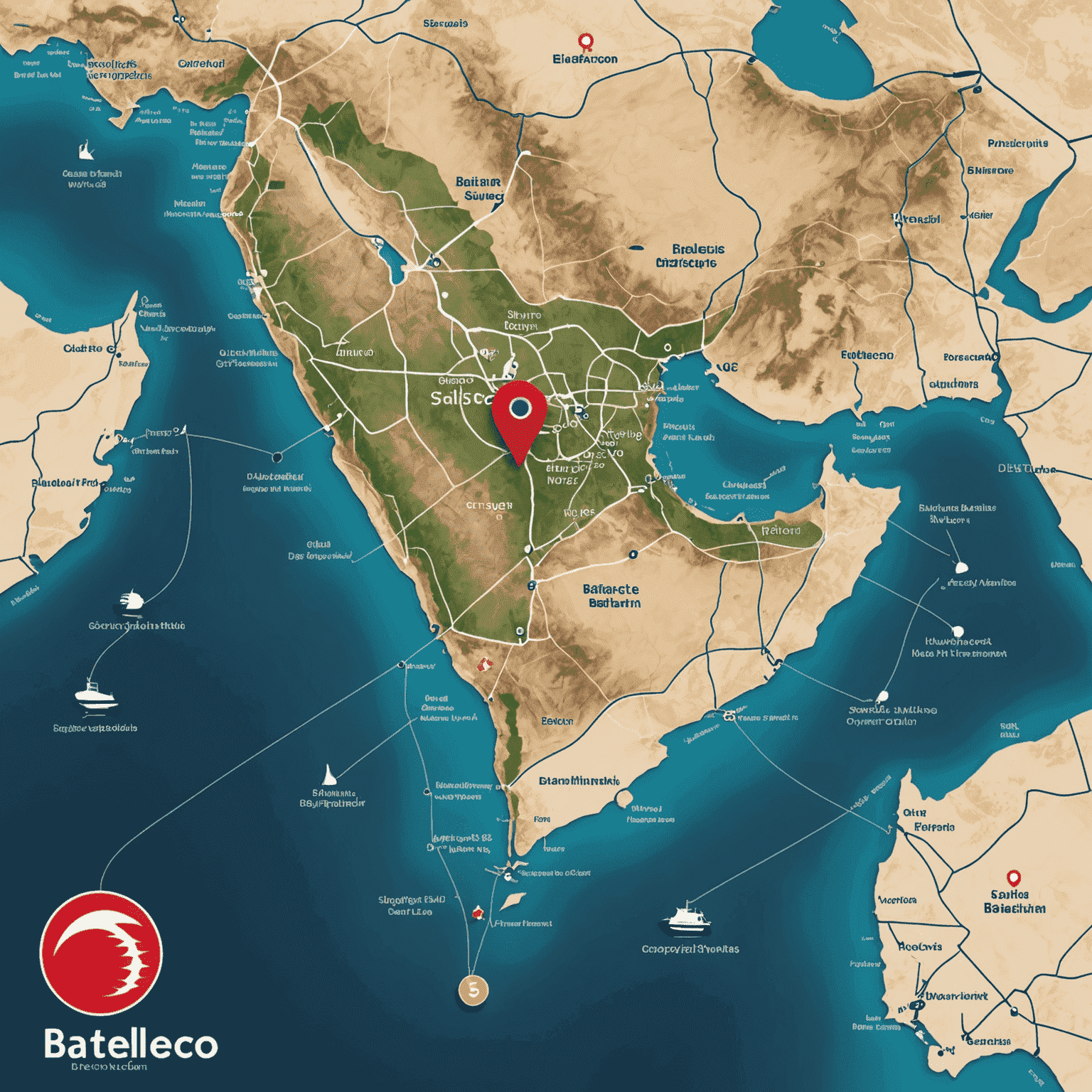 A map of Bahrain highlighting the areas currently covered by Batelco's 5G network