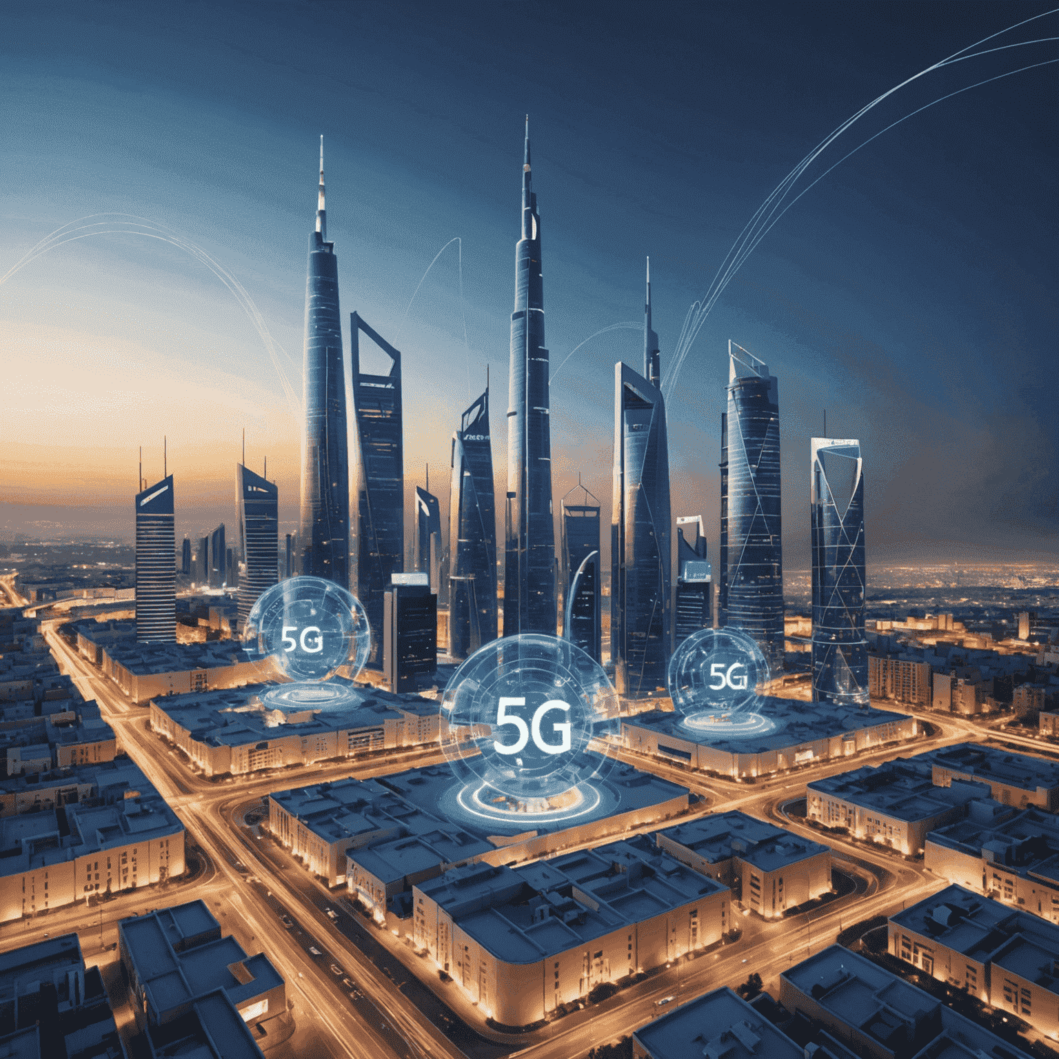 Illustration depicting a city skyline with 5G towers and connected devices, showcasing the speed and connectivity of Batelco's 5G network in Bahrain